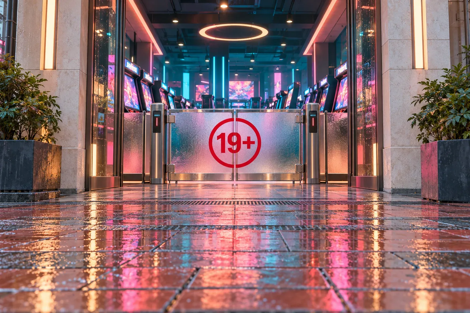 Ilustración: una puerta de vidrio marcada con un 19+ rojo a la entrada de una sala de videojuegos con luces de neón, con el suelo mojado por la lluvia reflejando luz rosa y turquesa