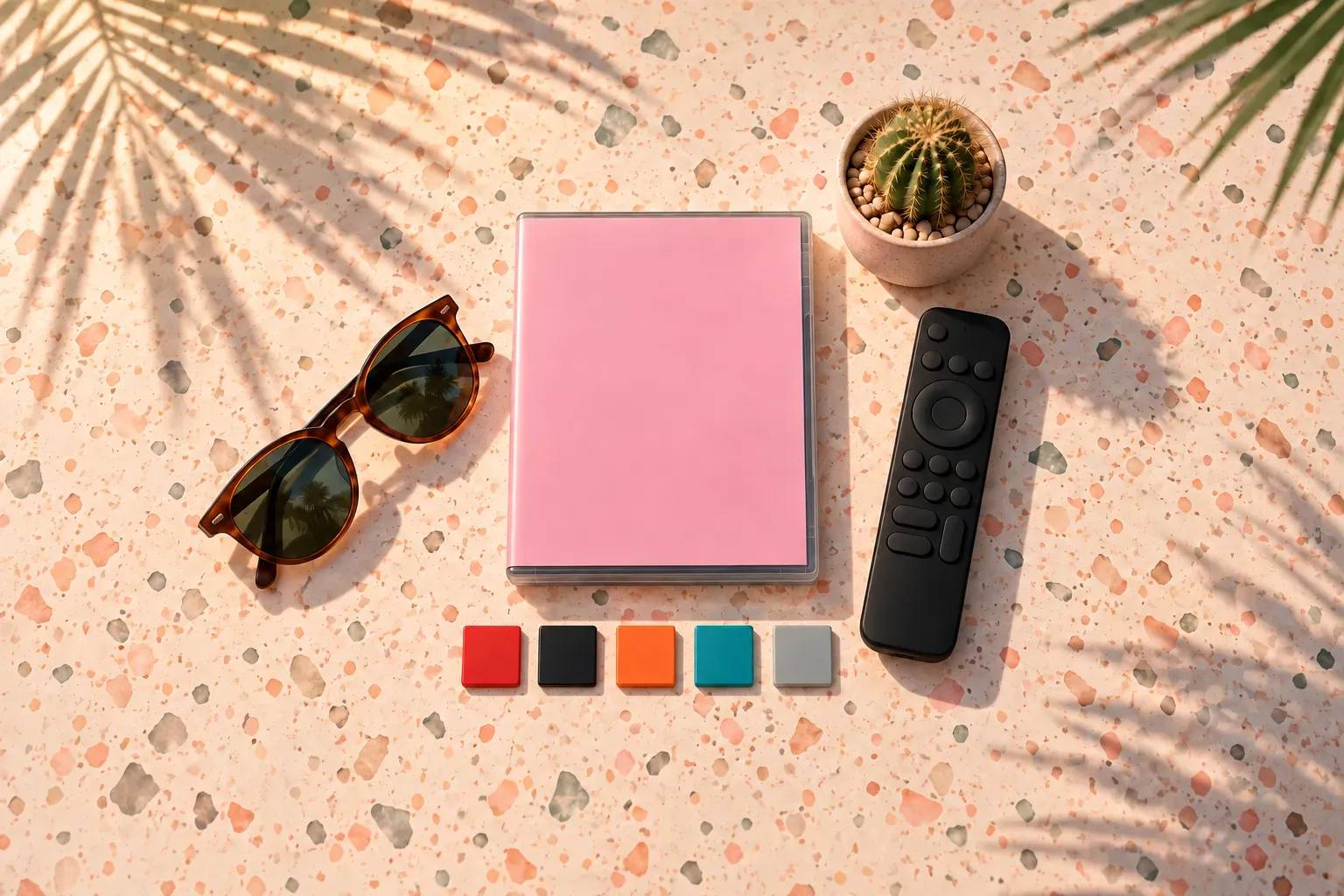 Illustration: a blank pink game case on a terrazzo counter beside sunglasses, a remote, a small cactus and a row of five blank coloured squares