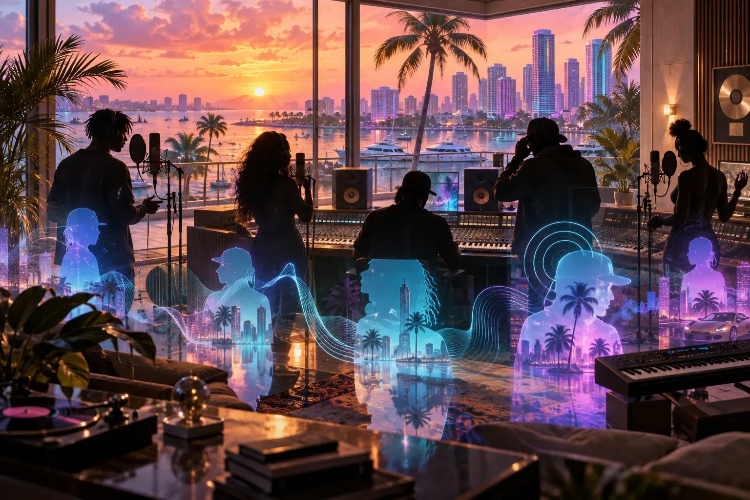 Illustration: musicians silhouetted in a recording studio at sunset, with glowing translucent figures and city skylines floating among them