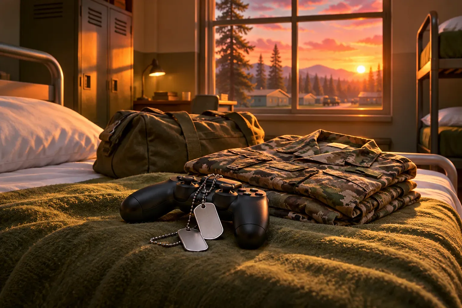 Illustration: an army barracks bunk at sunset with dog tags draped over a game controller, beside a folded camouflage uniform and a duffel bag
