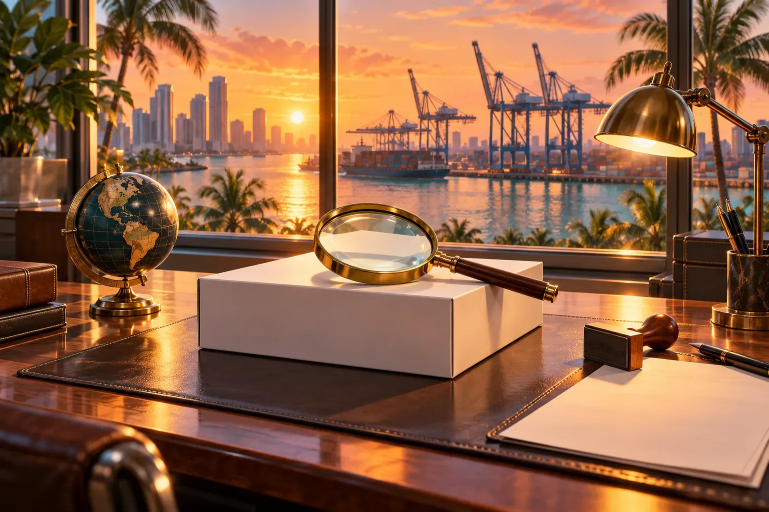 Illustration: a blank game box under a magnifying glass on a customs desk, beside a globe and a stamp, with port cranes outside