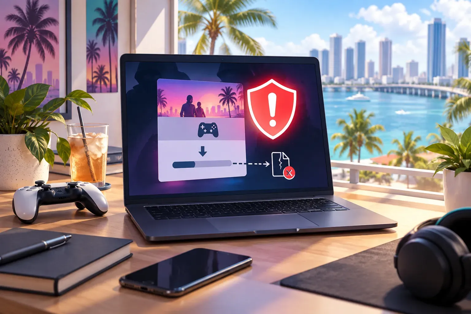 Illustration: a laptop on a sunny desk showing a fake download page with a red warning shield, next to an unbranded game controller and a phone