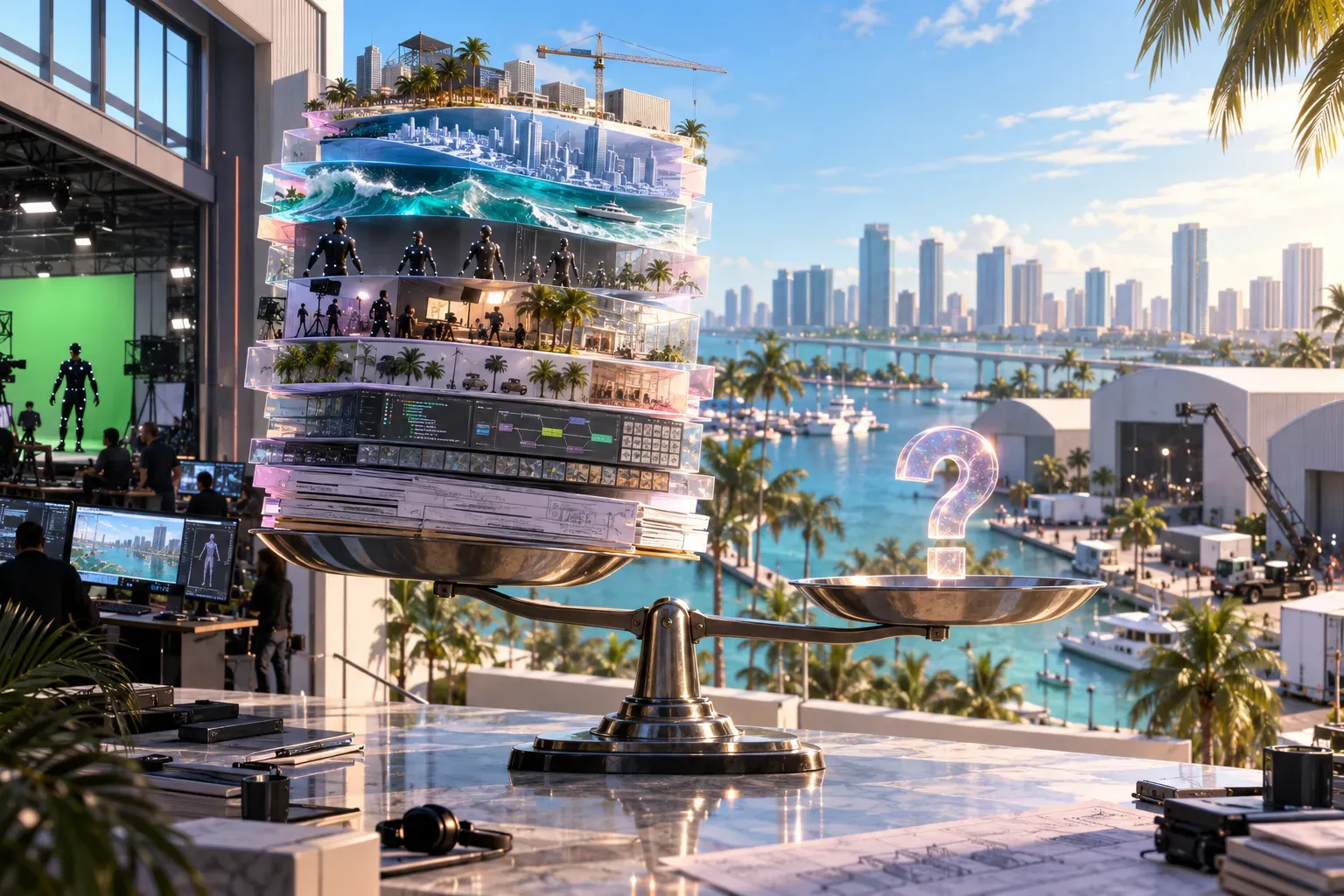 Illustration: a balance scale on a desk weighing a tall stack of production artwork against a glowing question mark, with a film studio and a waterfront city behind