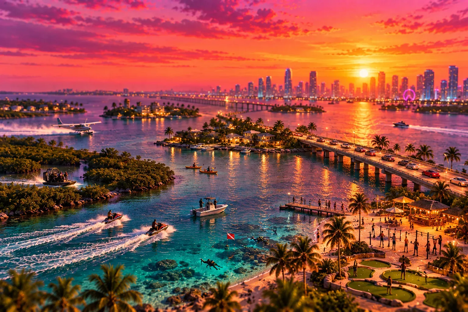 Illustration: a tilt-shift view of a sunset bay full of tiny activities, with jet skis, a seaplane, fishing boats, an airboat, a beach gym and mini-golf, and a skyline beyond