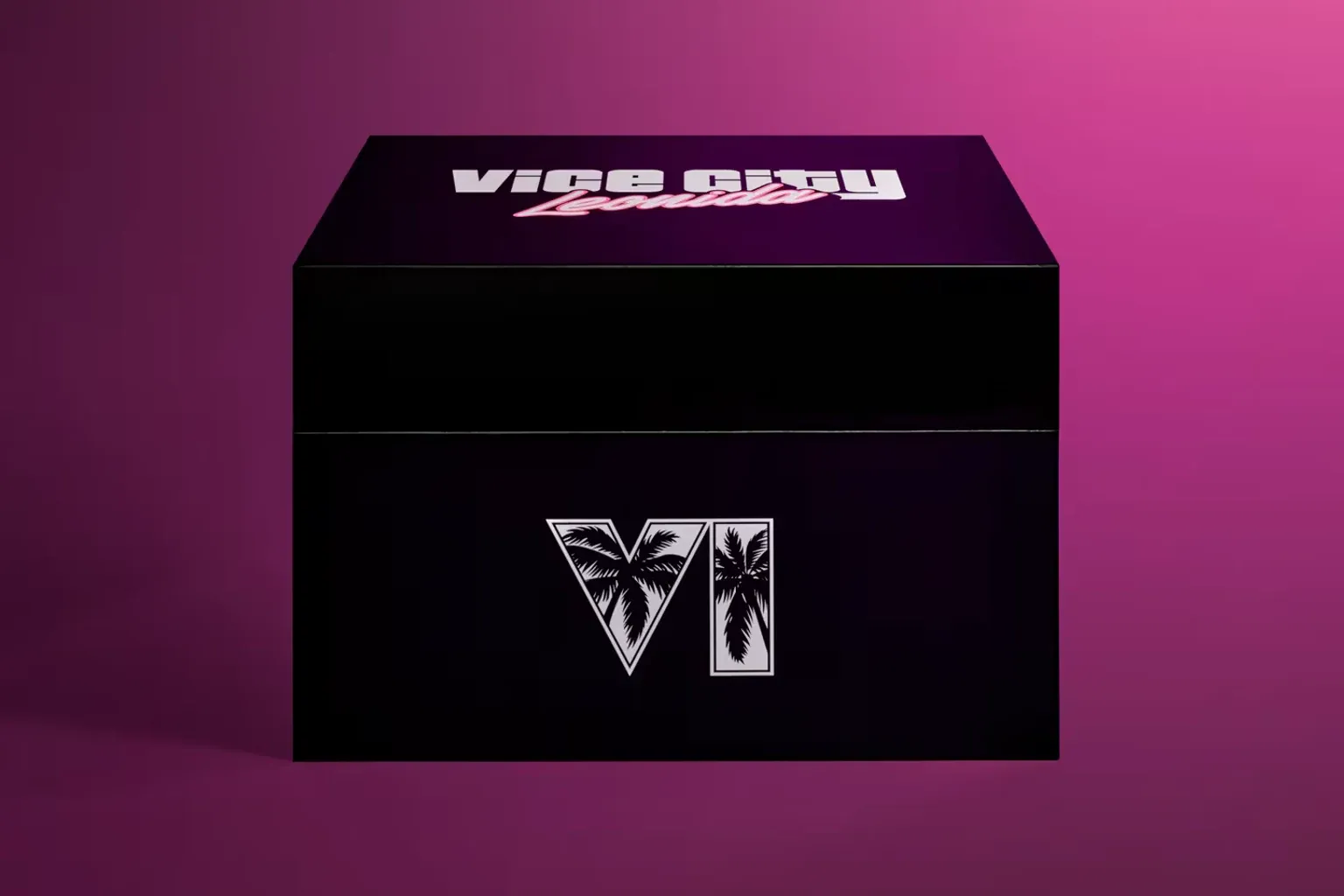Rockstar Store photo of the GTA VI Vice City Collection box: a black box with a Vice City logo on the lid and the VI emblem on its front