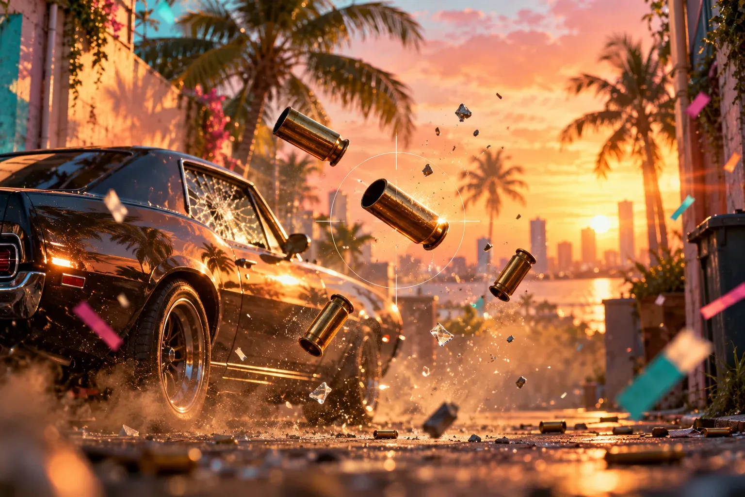 Illustration: brass shell casings frozen in mid-air in a sunlit alley beside a muscle car with a shattered window, under a faint aiming reticle