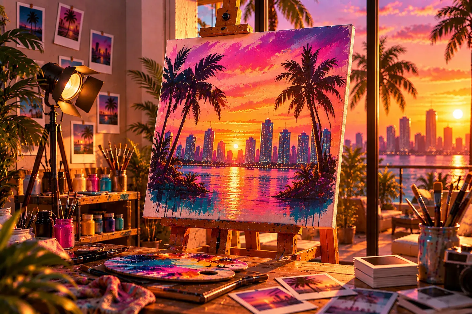 Illustration: an art studio at sunset with a canvas of palm trees and a skyline on an easel, a spotlight, paint pots and blank photos, no people