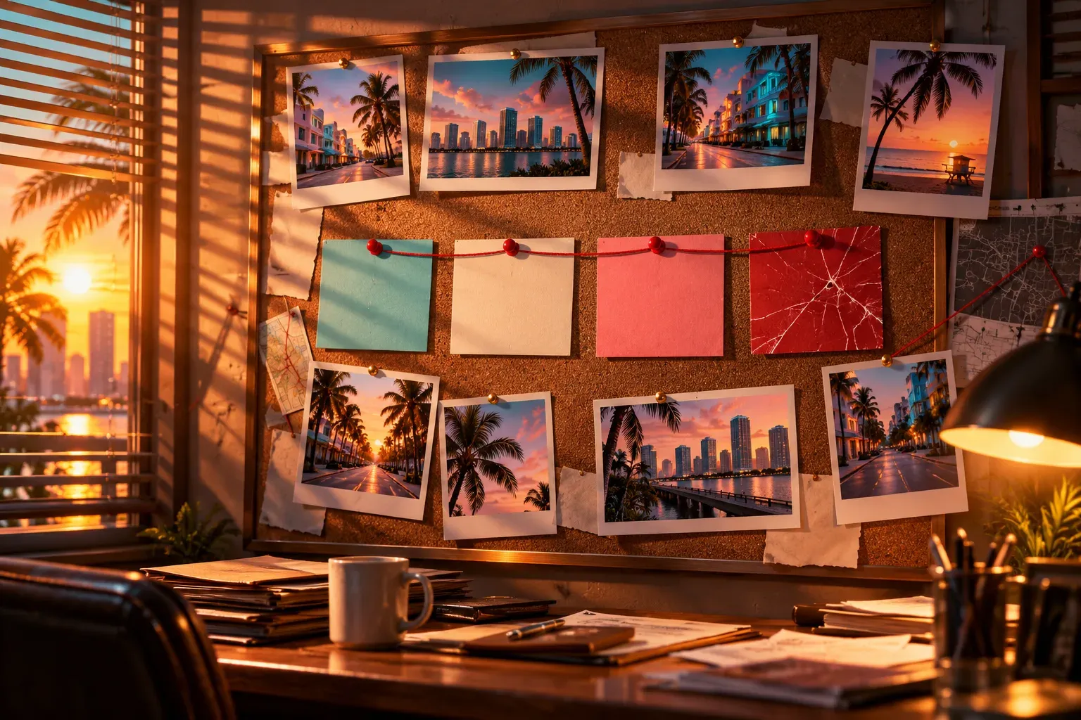 Illustration: an evidence board with four blank cards linked by red string, the last one cracked, among photos of Miami streets