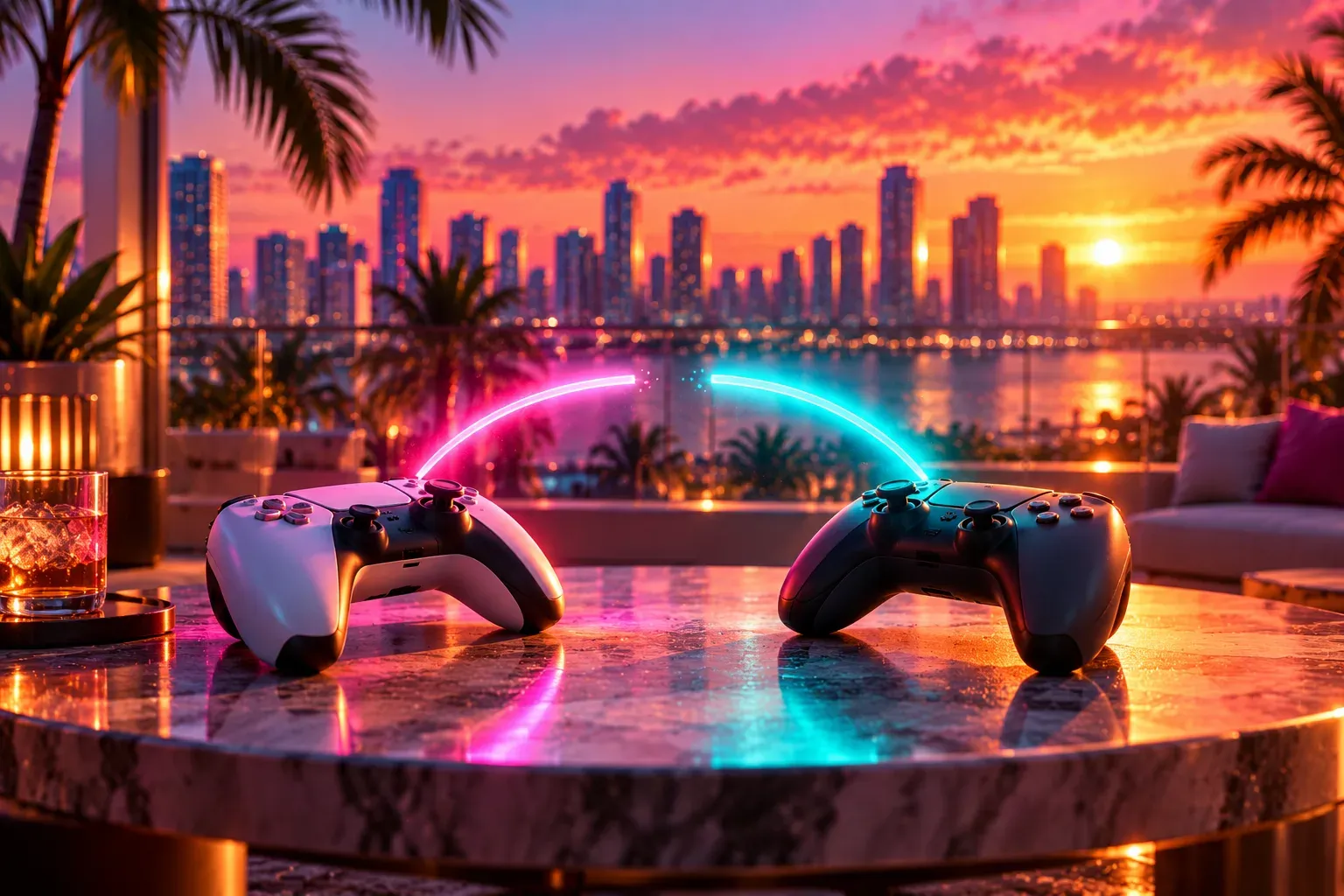 Illustration: a white controller and a black controller facing each other on a rooftop table at sunset, a neon arc between them broken in the middle