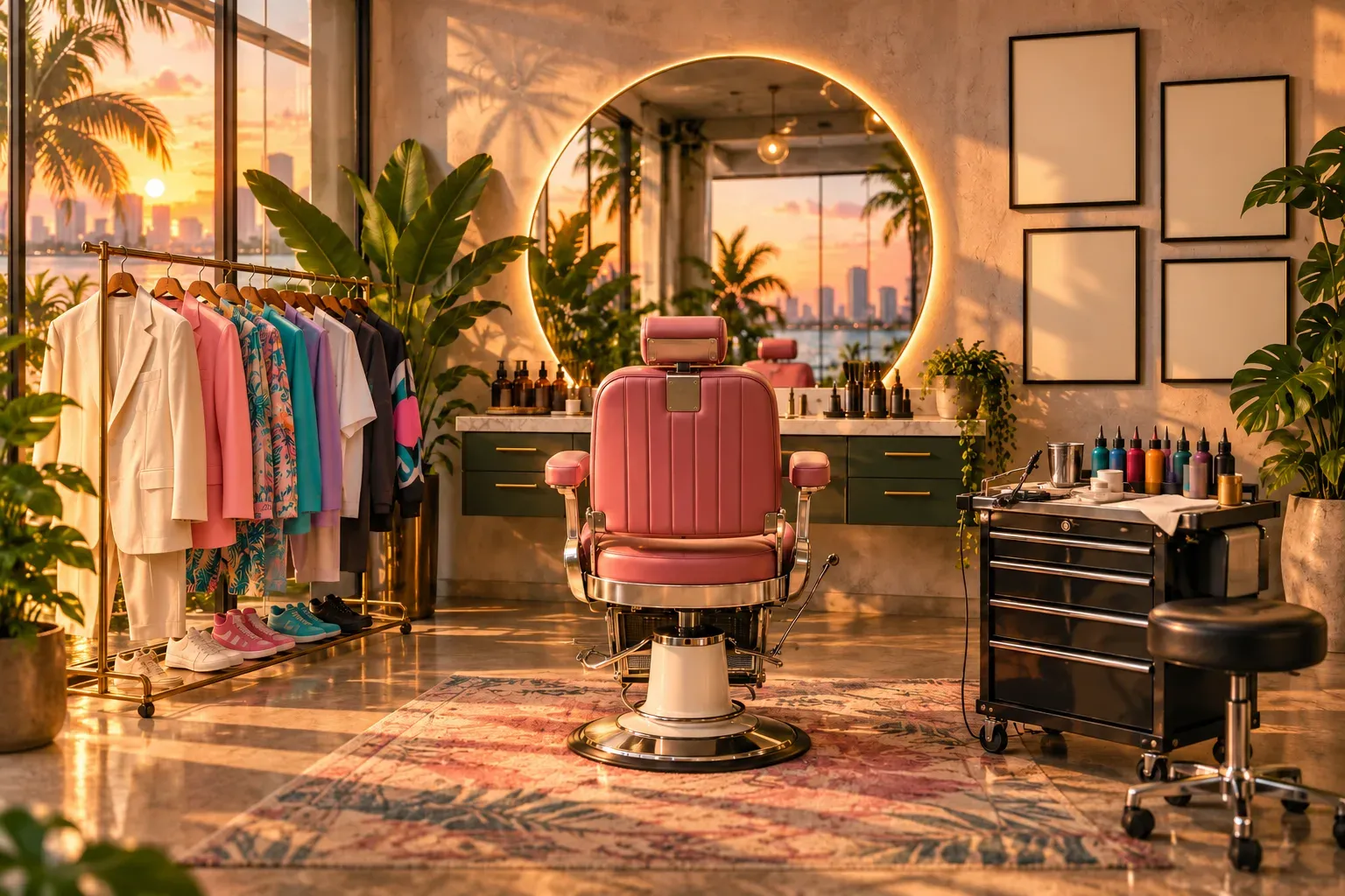 Illustration: a Miami boutique-salon with a pink barber chair, a rail of colourful outfits and a tattoo artist's cart