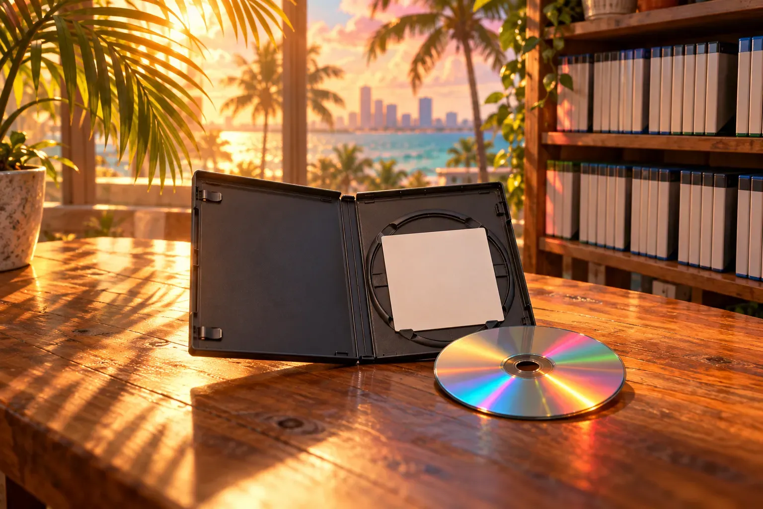 Illustration: an open, empty game case holding only a blank card, next to a shiny blank disc on a wooden table by a sunny window