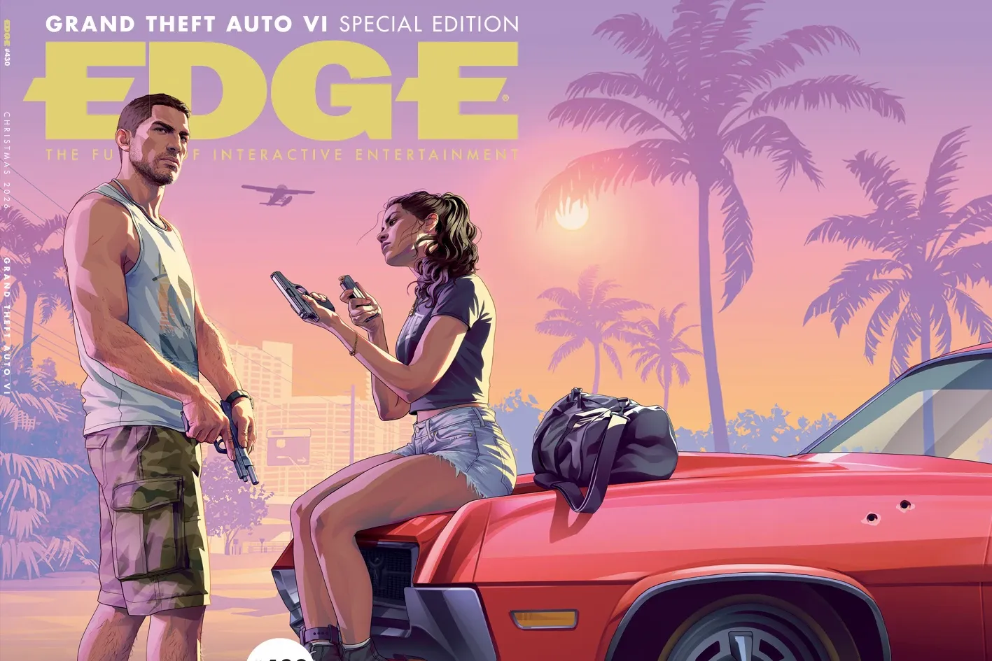 Cover of Edge magazine issue 430, Grand Theft Auto VI Special Edition: Jason standing with a pistol and Lucia sitting on the bonnet of a red muscle car loading a magazine, palm trees and a duffel bag behind them at sunset