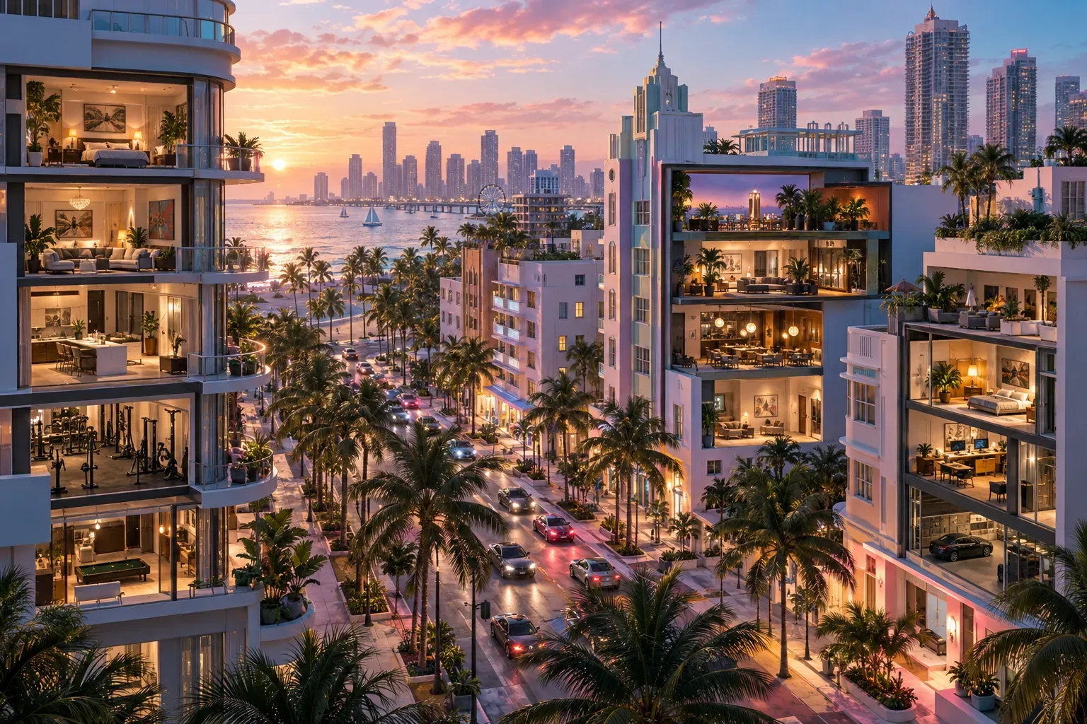 Illustration: a palm-lined boulevard at sunset where the fronts of the buildings are cut away to show furnished, lit interiors on every floor