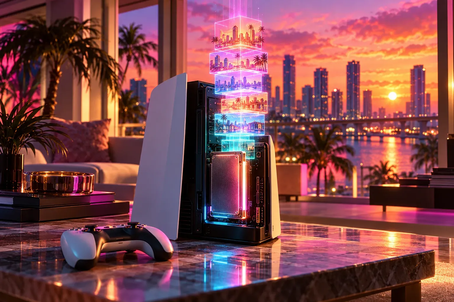 Illustration: a white games console on a marble table with its side panel open on a glowing drive, a tower of glowing blocks rising from it towards a sunset skyline