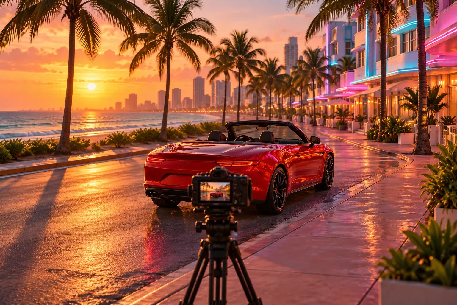 Illustration: a camera on a tripod framing a red convertible from behind on a palm-lined Miami beachfront at sunset