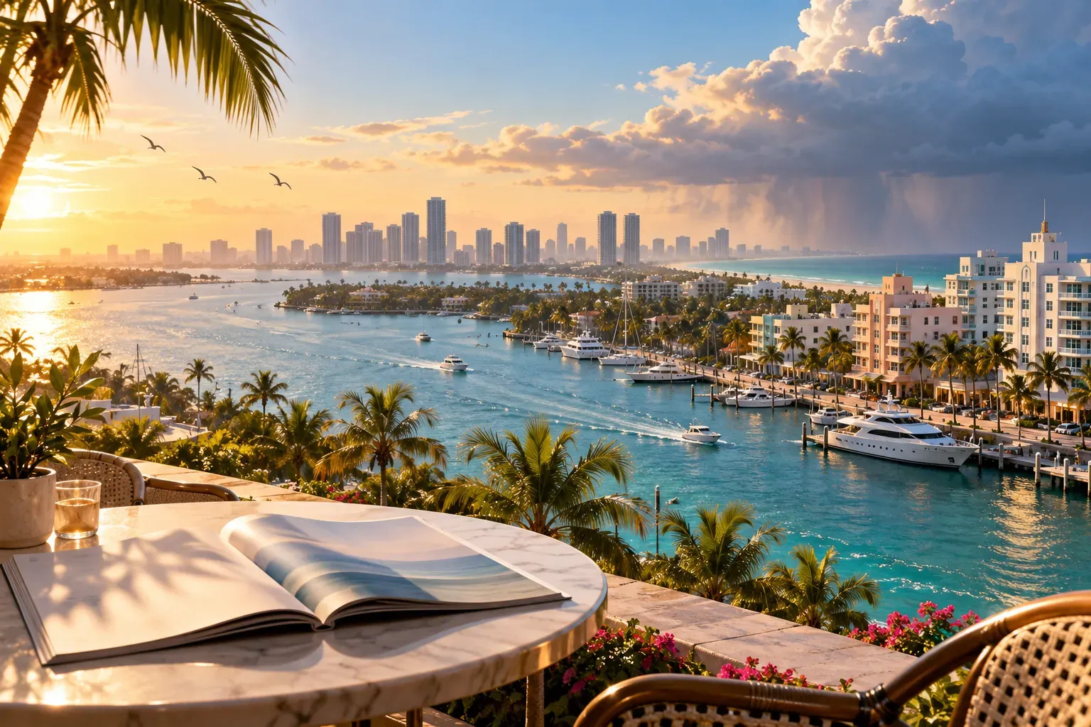 Illustration: an open magazine on a cafe table overlooking a marina and city skyline, with a rain squall out over the water