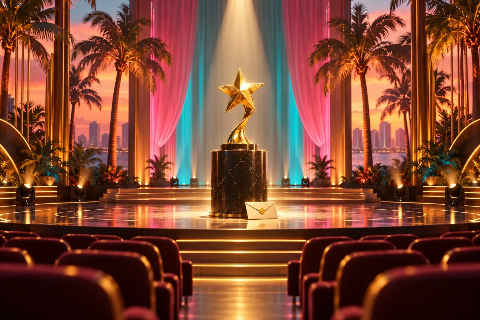 Illustration: a golden star trophy and a sealed envelope on an empty awards stage, with palms and pink and teal curtains
