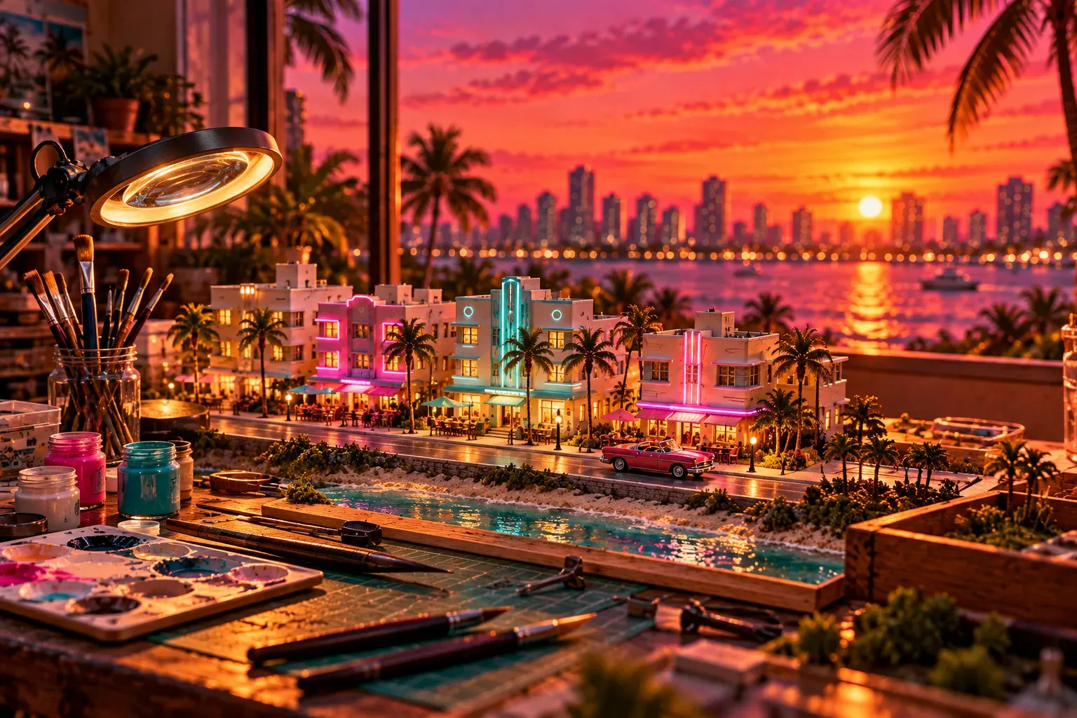 Illustration: a craftsman's workbench at sunset with a hand-built miniature Art Deco beachfront street of pastel hotels with pink and teal neon, palm trees and a pink convertible, surrounded by brushes, paint pots, a palette, small tools and a magnifying lamp, with a waterfront skyline and the setting sun behind
