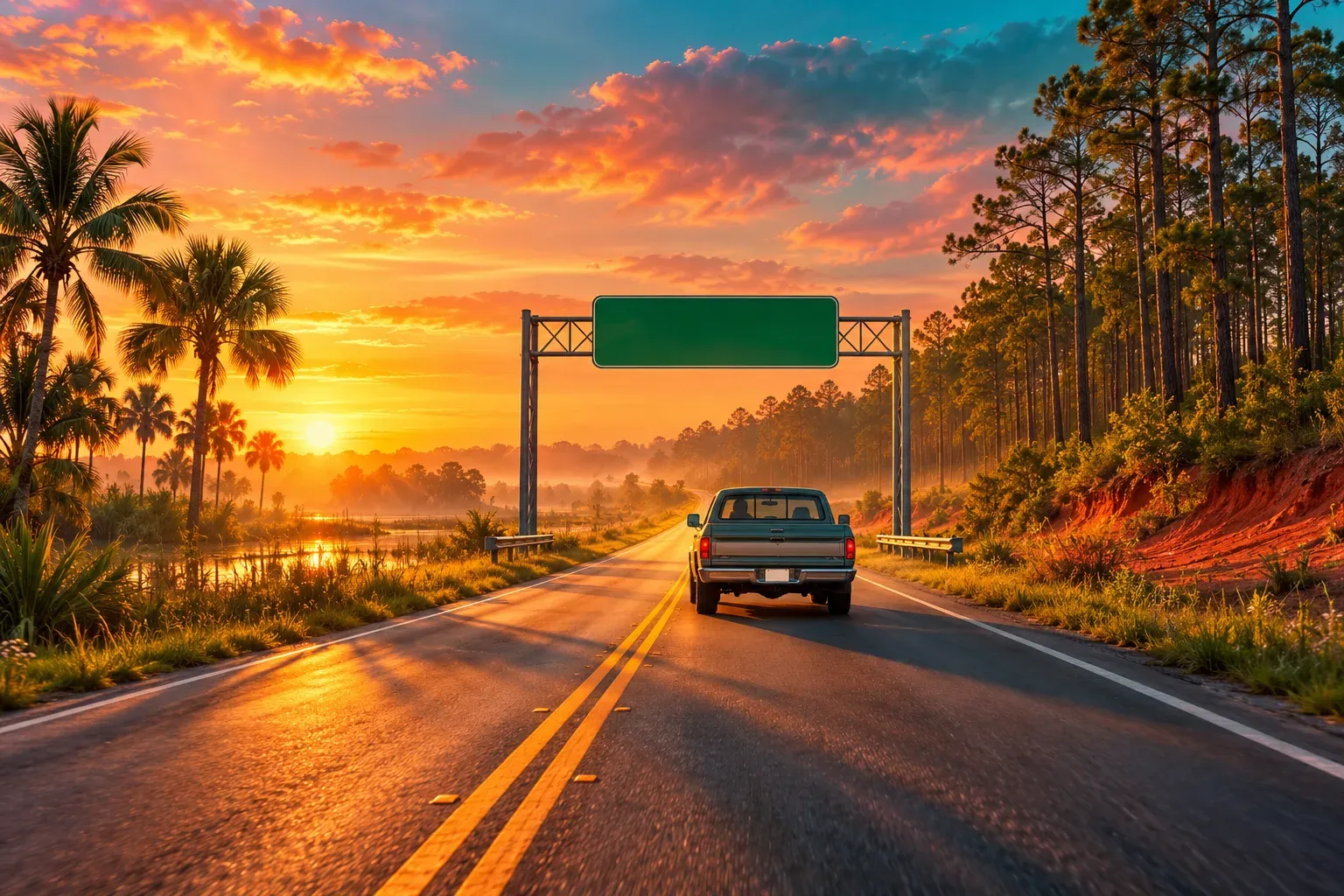 Illustration: a pickup truck heading north under a blank green border sign, with palm trees on one side of the highway and pine forest and red clay on the other