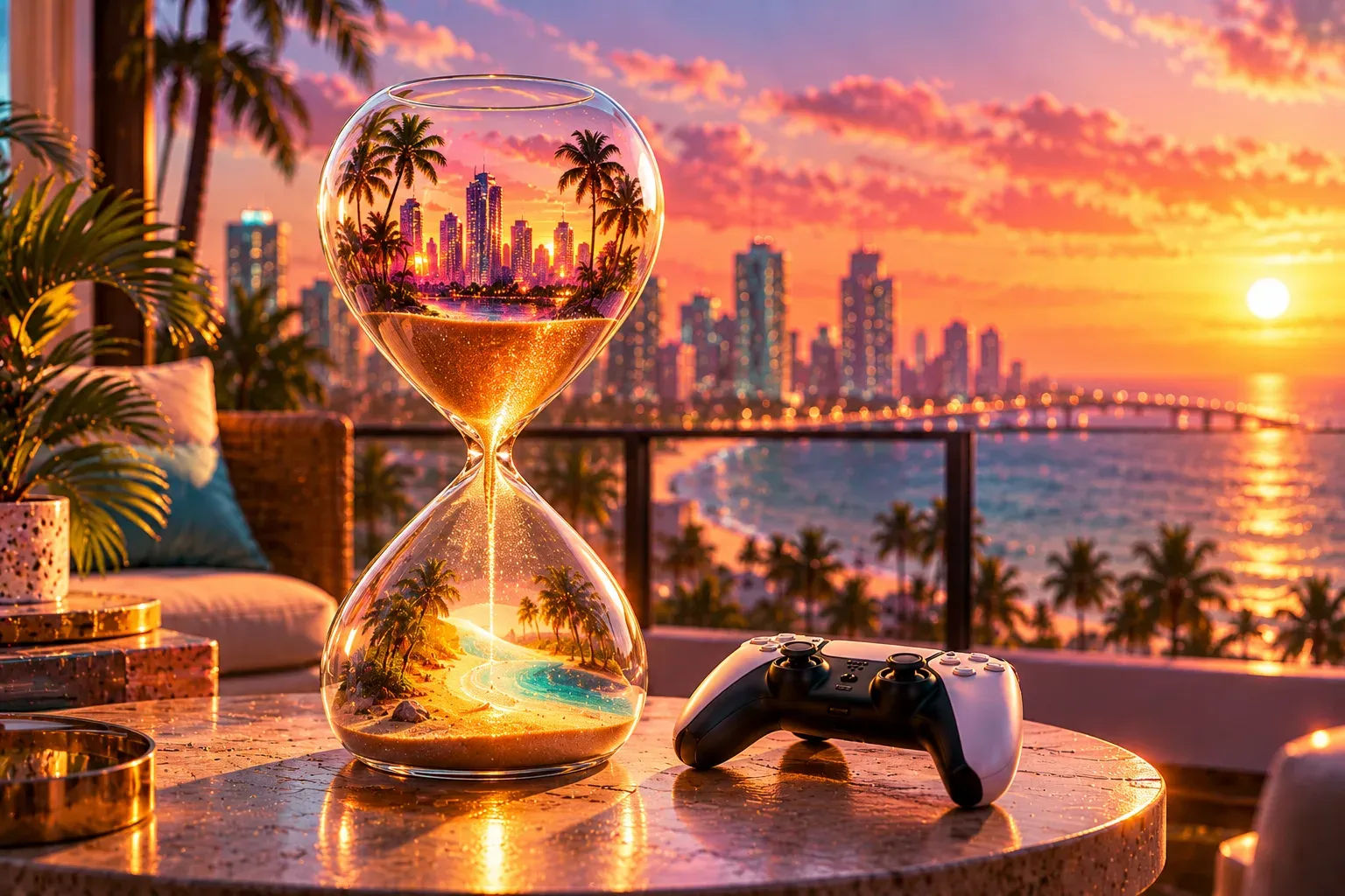 Illustration: an hourglass on a balcony table at sunset, a tiny city in its top bulb and a small beach in the bottom, a controller beside it