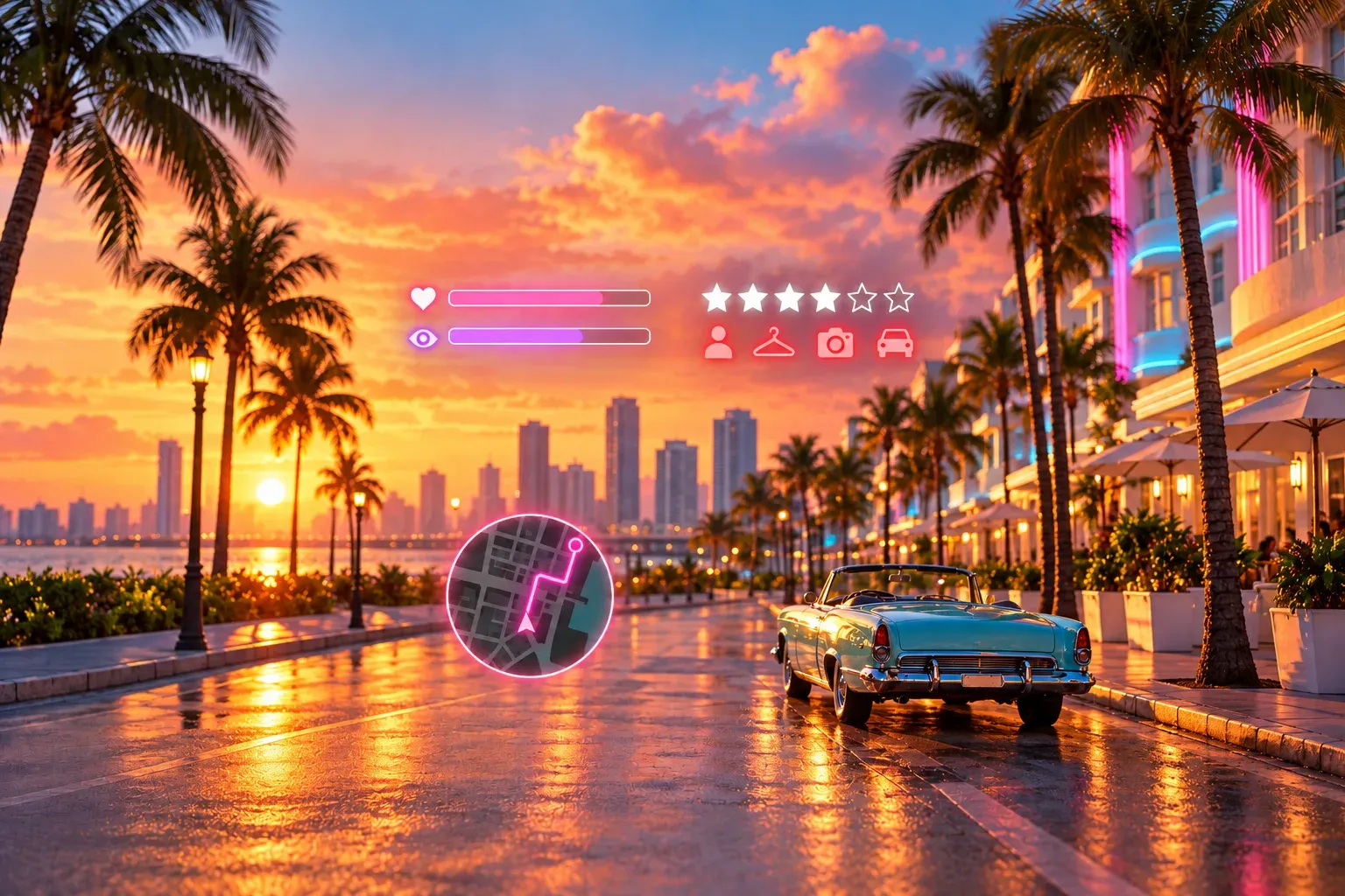 Illustration: a palm-lined Miami seafront at sunset with a translucent game HUD over it: health and focus bars, six wanted stars, red police icons and a round minimap