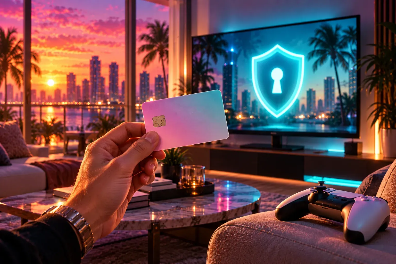 Illustration: a hand holding up a blank pastel card in a living room, in front of a TV showing a glowing shield with a keyhole, a controller on the sofa arm