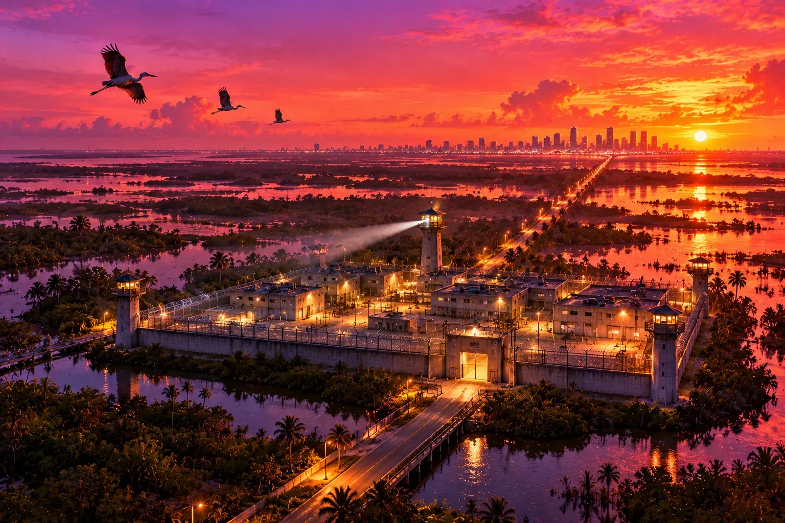Illustration: a drone view at dusk of an island prison in a swamp, a watchtower searchlight on, a long road running to a distant skyline and herons overhead