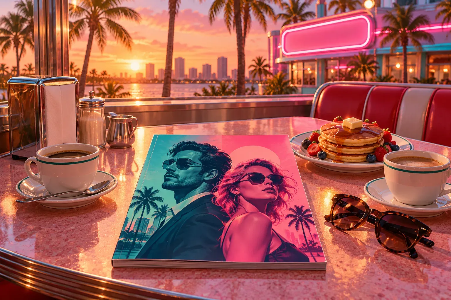 Illustration: a magazine with a stylised couple on its cover, on a diner table with coffee, pancakes and sunglasses, palm trees through the window