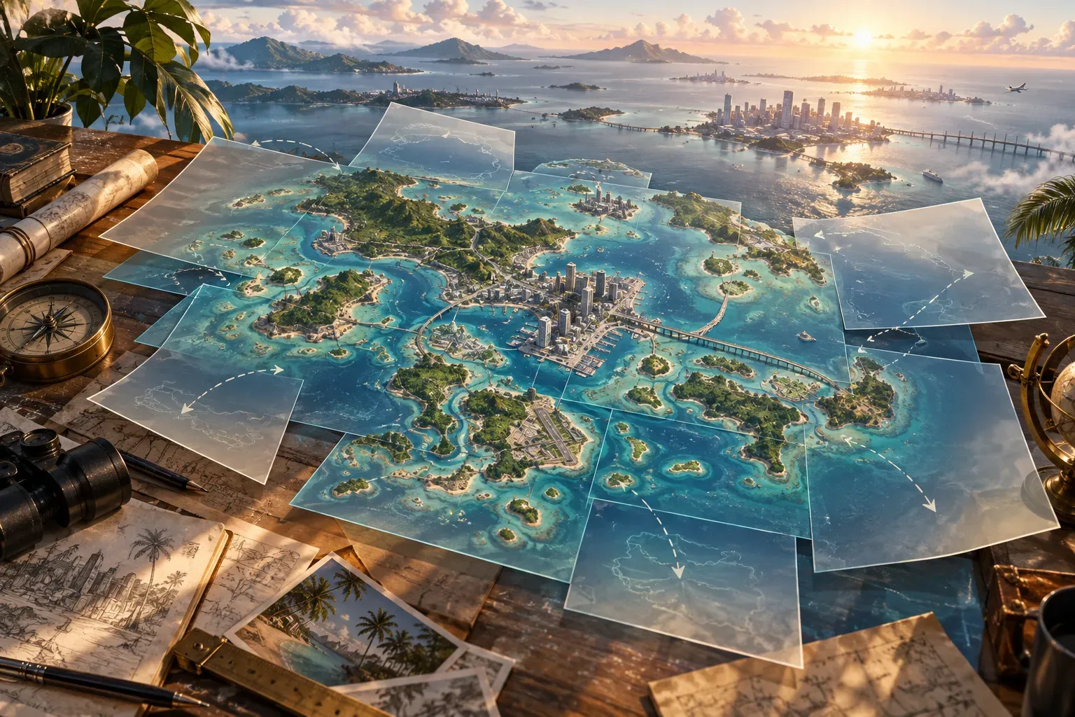 Illustration: an invented island map laid out in translucent panels on a desk, with arrows between them, beside a compass and binoculars, a coastal city at sunset behind