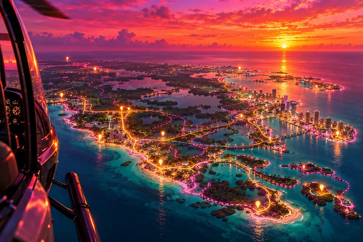 Illustration: the view from a helicopter over an invented tropical coastline at dusk, with glowing solid and dotted map lines and pins drawn over the land