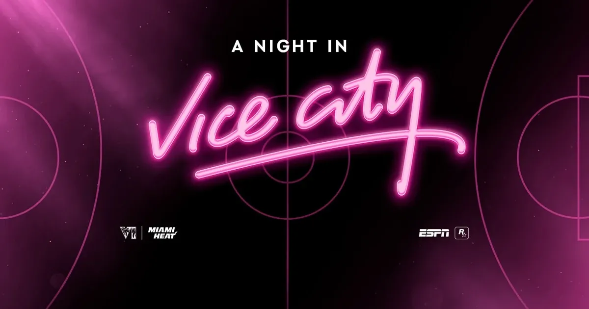 Miami Heat announcement graphic: "A Night in Vice City" in pink neon script over a dark basketball court, with the GTA VI, Miami Heat, ESPN and Rockstar Games logos