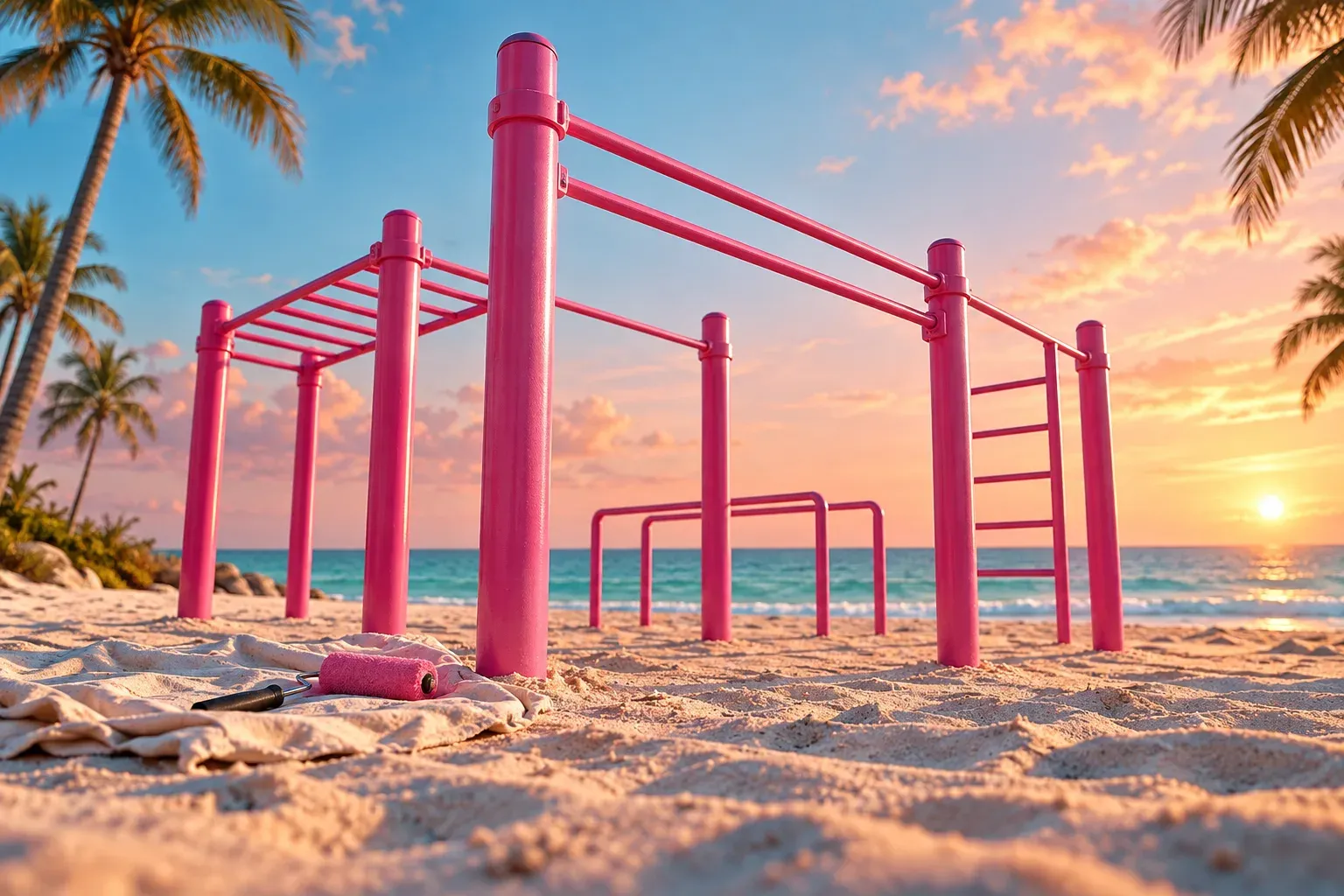 Illustration: pink-painted outdoor gym equipment, bars, a ladder and monkey bars, on a Miami Beach sandbank at sunset, with a paint roller and a dust sheet on the sand and palms against a blue and orange sky