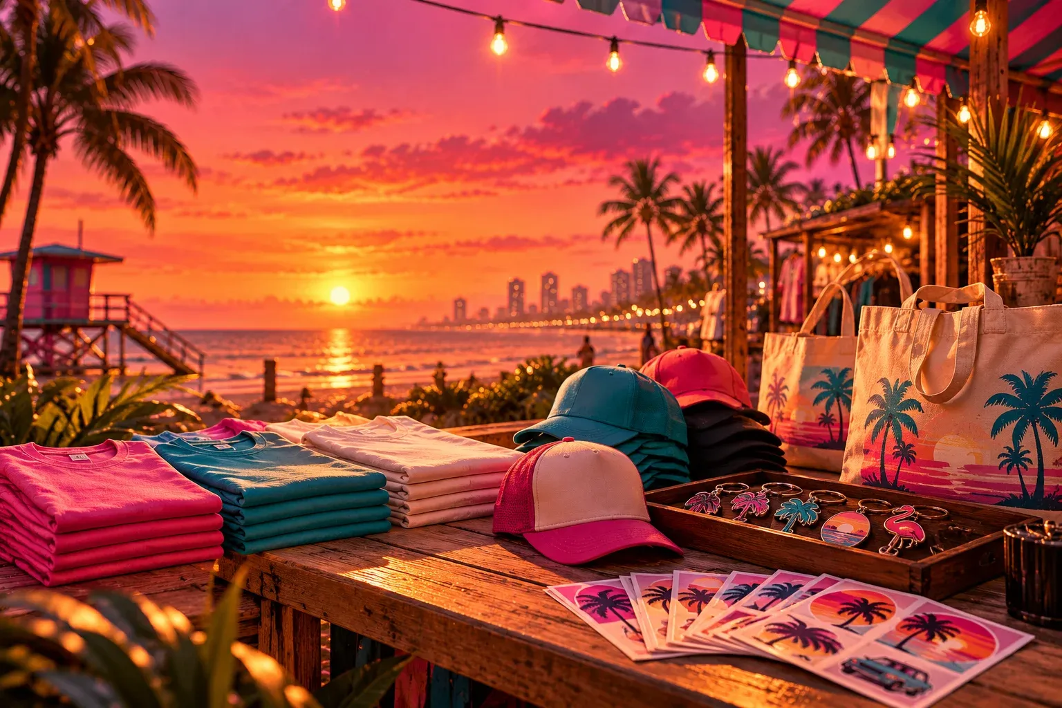 Illustration: a beachside pop-up shop on a boardwalk at sunset, a wooden table with folded plain tees in pink, teal and cream, caps, canvas totes with a palm-and-sunset print, a tray of enamel keychains and sheets of palm stickers, under a striped pink and teal awning