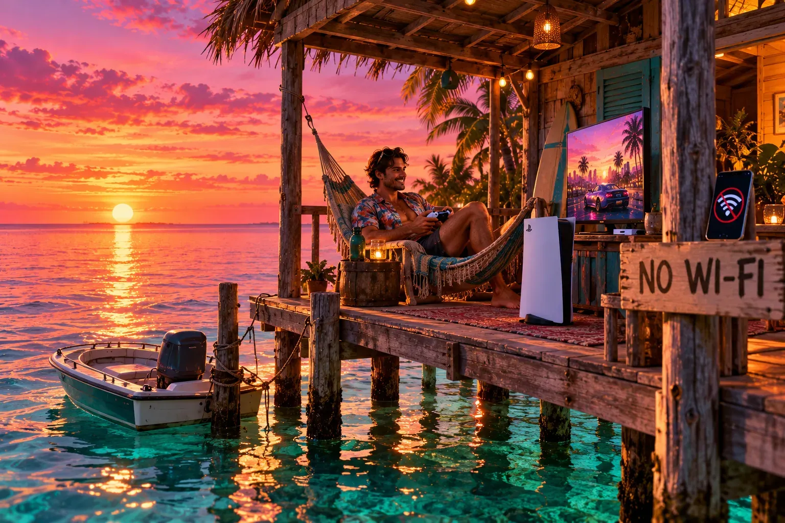 Illustration: a man in a hibiscus-print shirt relaxing in a hammock on a wooden beach pier at sunset, playing a game on a white PS5 console and a TV beside a surfboard, a phone showing a crossed-out Wi-Fi symbol and a wooden sign reading 'NO WI-FI' beside him, a small boat moored in the turquoise water