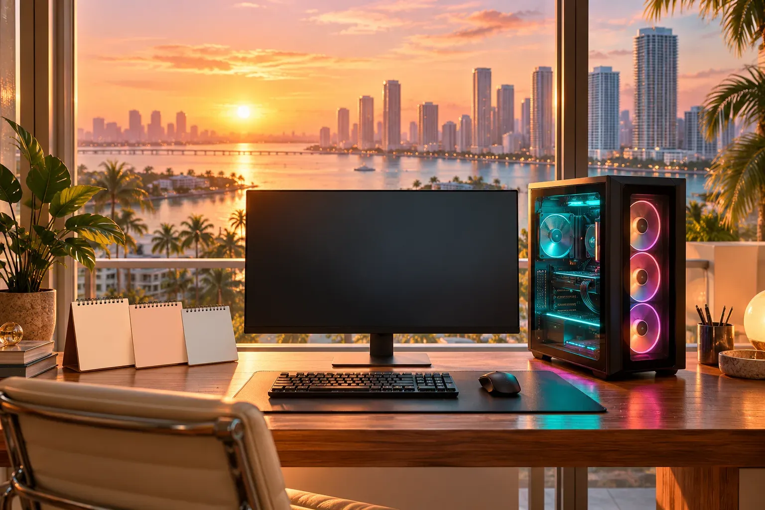 Illustration: a gaming PC with glowing pink and teal fans beside a blank monitor on a wooden desk, by a window overlooking a sunset bay with palm trees and towers