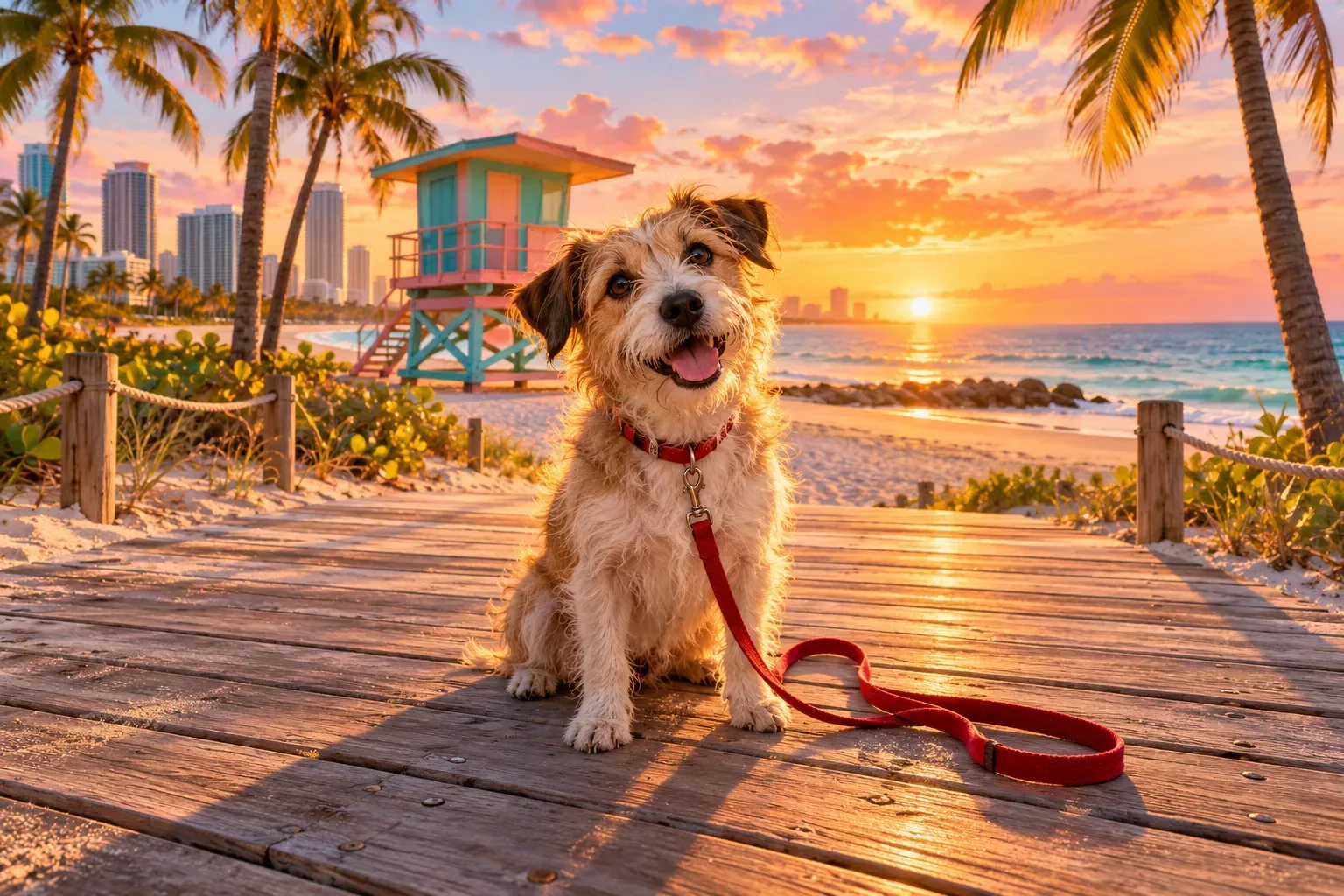 Illustration: a scruffy terrier with a loose red leash sitting on a Miami beach boardwalk at sunset, a lifeguard tower behind