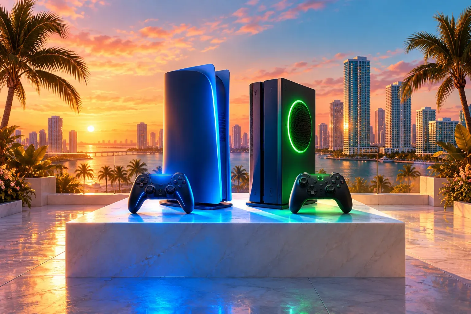 Illustration: two unbranded games consoles and controllers on a rooftop pedestal, one lit blue and one green, at sunset
