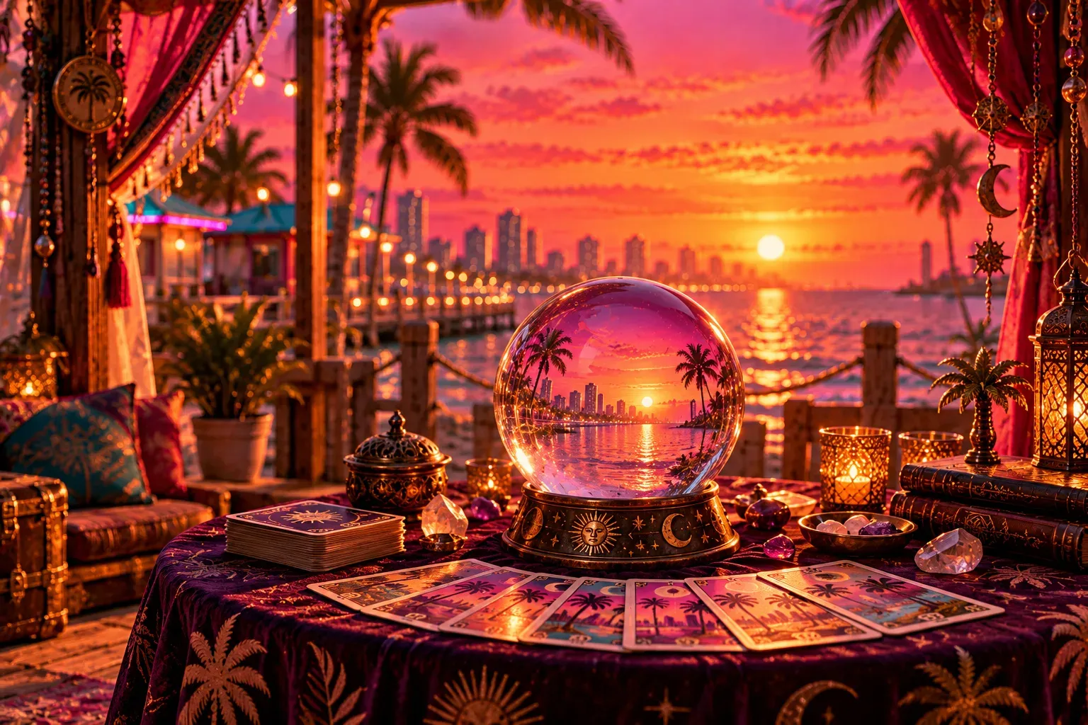 Ilustración: la cabina de una adivina en un malecón al atardecer, con una gran bola de cristal luminosa, que refleja un pequeño atardecer rosa y dorado y un horizonte de palmeras, sobre una mesa redonda cubierta con terciopelo, un abanico de cartas de tarot con palmeras y horizontes al lado, cortinas, faroles, guirnaldas de luces y un mar brillante al fondo