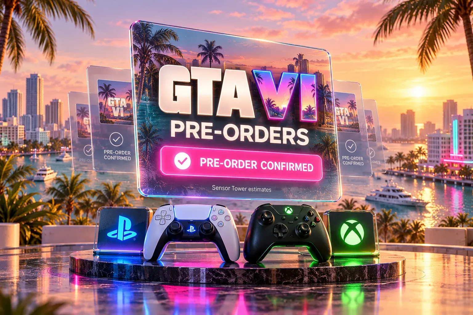 Illustration: a glowing glass screen over a Miami marina at sunset reading "GTA VI PRE-ORDERS" and "PRE-ORDER CONFIRMED", with the note "Sensor Tower estimates", a PlayStation controller and an Xbox controller on a marble platform in front