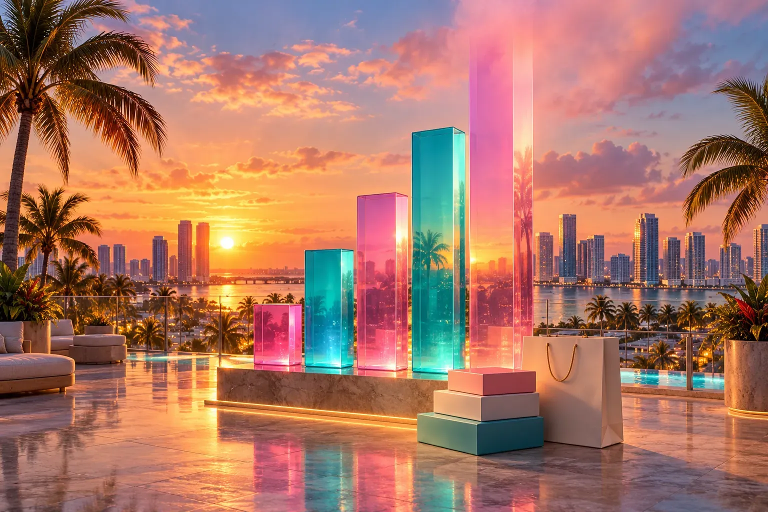 Illustration: a rising bar chart of glowing glass columns on a Miami rooftop, with blank game boxes and a shopping bag