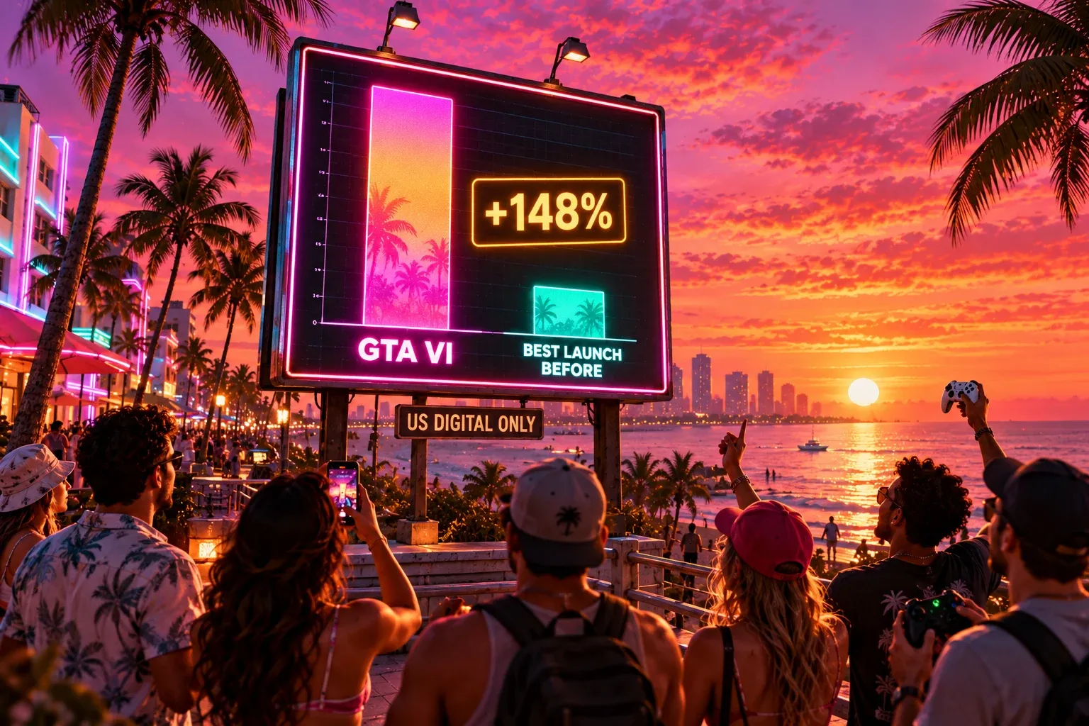 Ilustración: una multitud en un paseo marítimo al atardecer mira un cartel de neón con un gráfico en el que una barra alta color atardecer, «GTA VI», supera a una barra corta turquesa, «BEST LAUNCH BEFORE», con una insignia dorada «+148%» y un letrero «US DIGITAL ONLY» debajo; una persona levanta un móvil y otra un mando