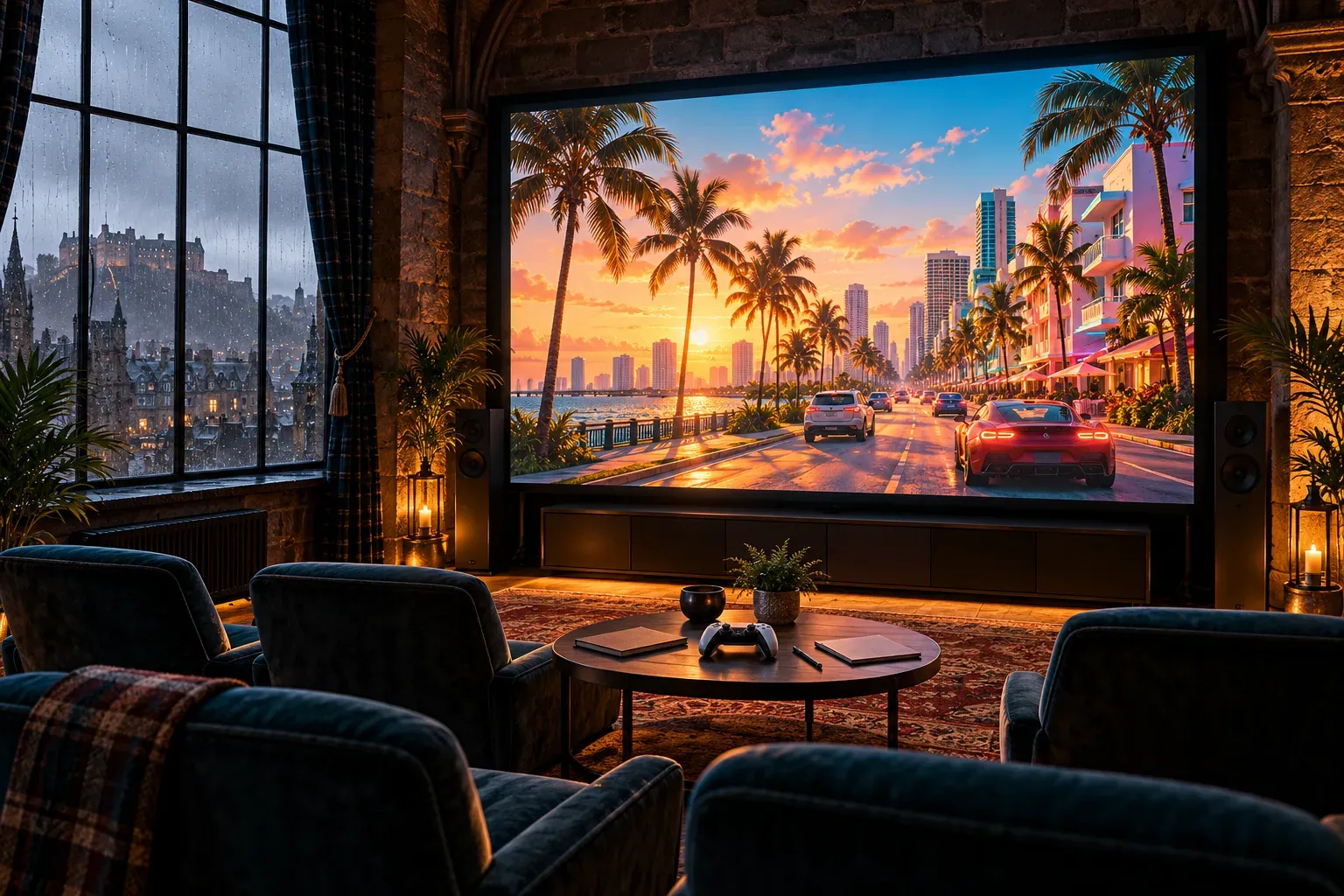 Illustration: a screening room in an old stone building, its big screen showing a sunny Miami street, with rain on the window and Edinburgh Castle beyond