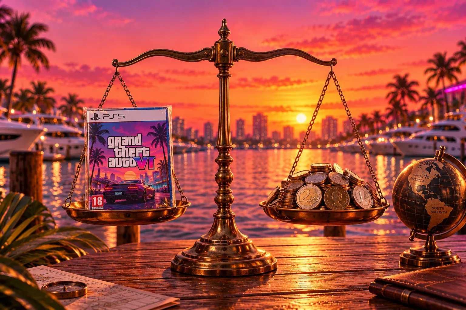Illustration: antique brass balance scales on a wooden table at the end of a marina dock at sunset, a boxed PS5 game with a Grand Theft Auto VI-style cover on one pan and a heap of euro-style coins on the other, a globe, a compass and a map beside them, yachts and palms behind