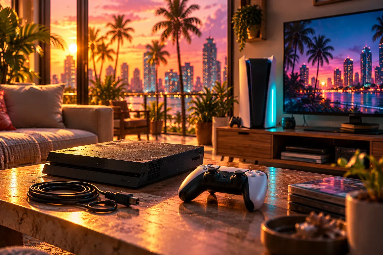 Illustration: an older black games console on a coffee table, cable coiled beside it, while a newer white console glows by the TV in a sunset living room