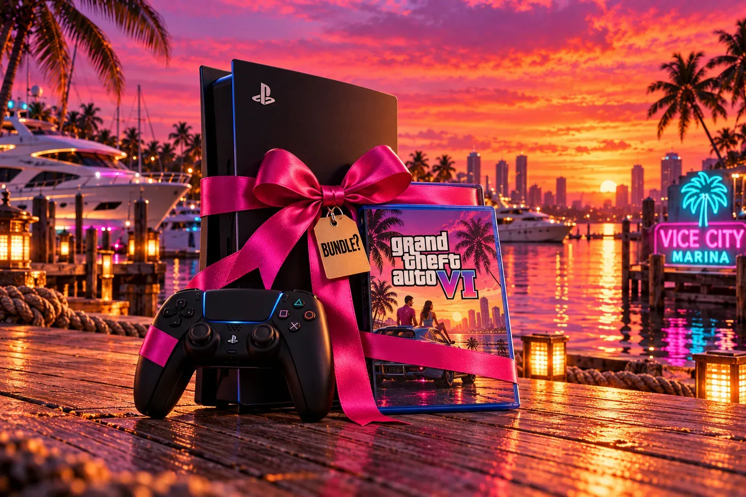 Illustration: a black PS5 console, DualSense controller and boxed Grand Theft Auto VI game tied together with a pink ribbon and a "BUNDLE?" tag on a wooden marina dock at sunset, yachts, lanterns, a "VICE CITY MARINA" neon sign and a distant skyline behind