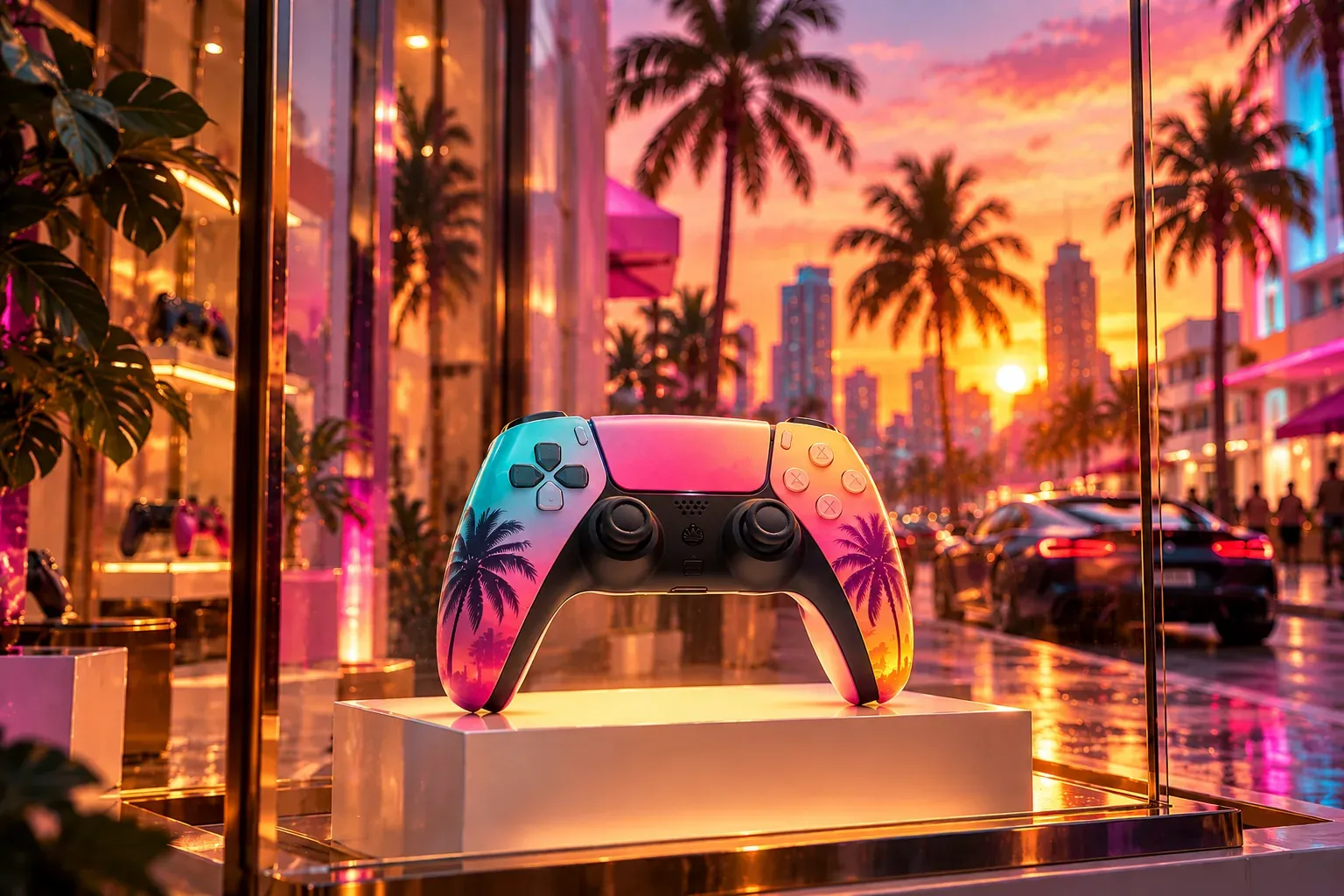 Illustration: a controller with a pink, orange and teal palm-tree finish on a white plinth in a shop window, a sunset street behind