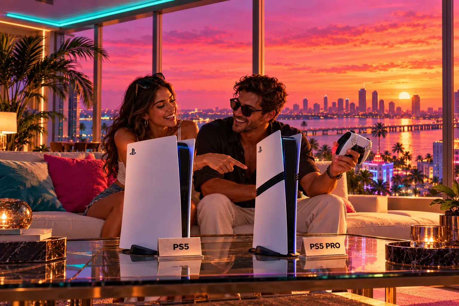Illustration: a smiling couple on a sofa in a glass-walled penthouse at sunset, pointing at two upright white consoles on a glass coffee table, one beside a card reading 'PS5' and the other, with black ribbed stripes, beside a card reading 'PS5 PRO', with a bay and a Miami-style skyline behind