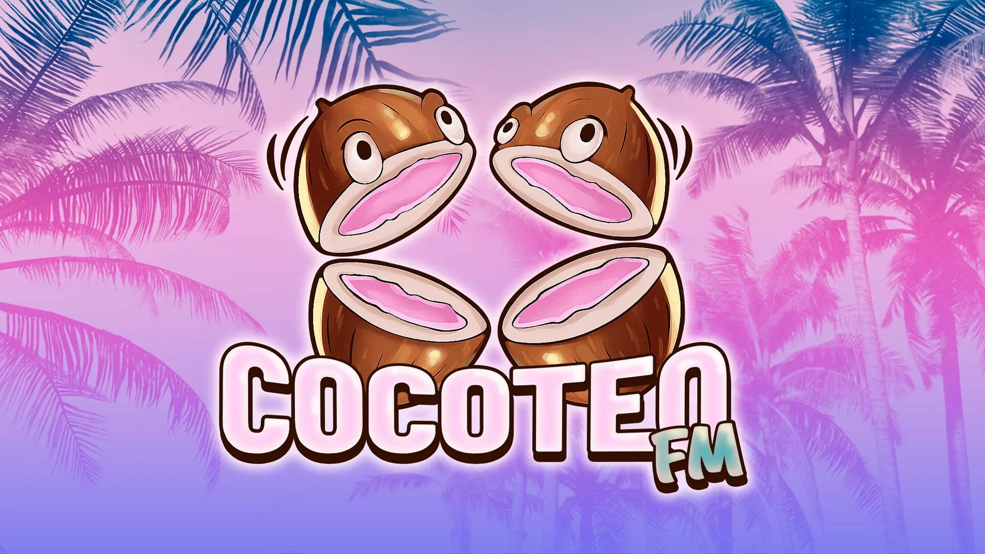 Rockstar's artwork for Cocoteo FM: two cracked-open coconuts with pink insides and wide-eyed faces above the station name, against palm trees in a pink-to-purple sky