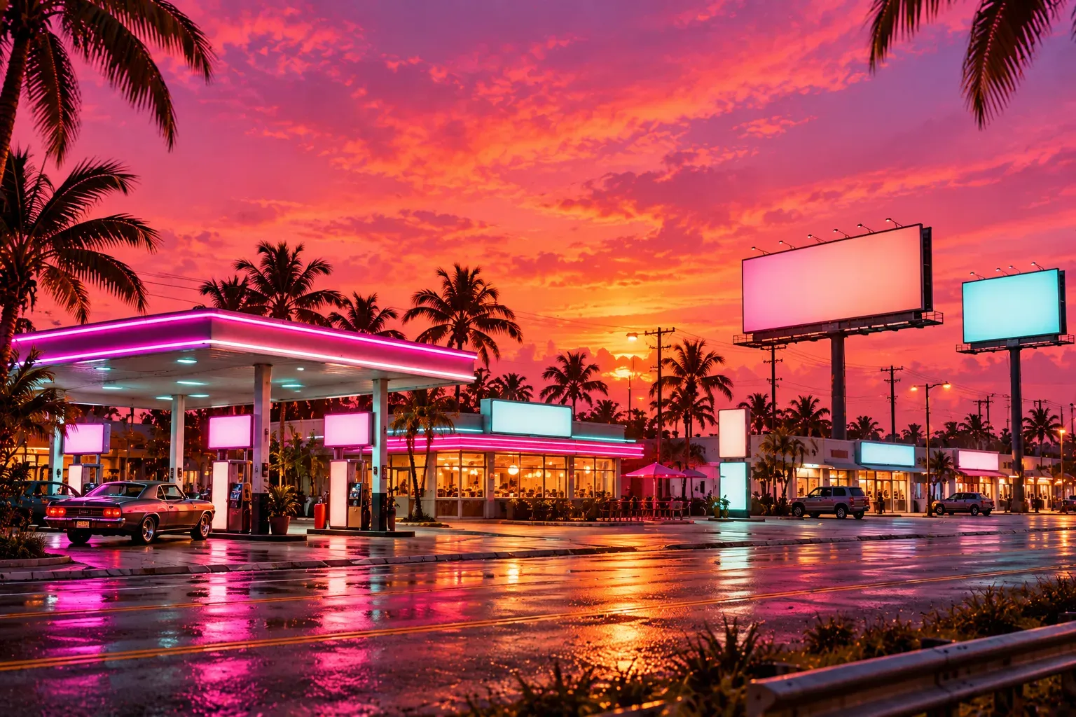 Illustration: a roadside strip on a highway at sunset, a retro gas station, a diner and a row of shops whose signs, lightboxes and billboards all glow blank, a classic car without badges at a pump, palms along a wet road