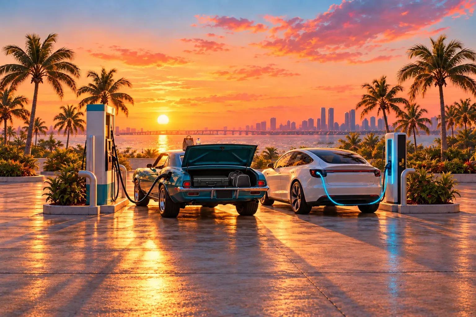 Illustration: a muscle car with its trunk open at a gas pump and a white electric car at a charging post, on a palm-lined forecourt at sunset